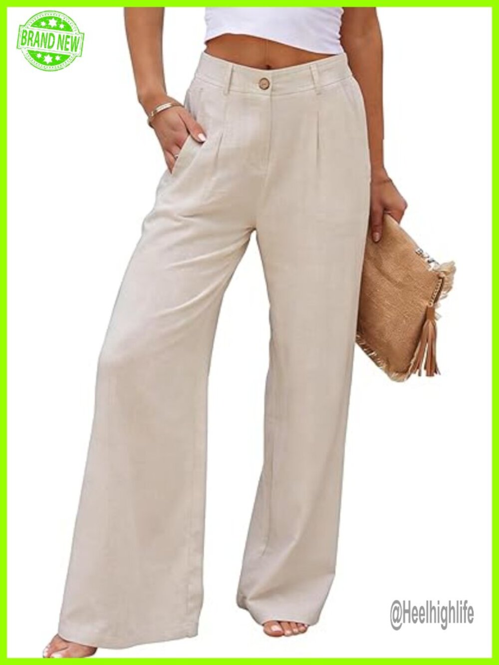 High Waist Wide Leg Linen Pants with Pockets Button Front Zipper
